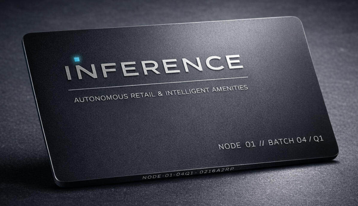 Inference Node black metal amenity card with glowing blue dot and text NODE 01 // BATCH 04 / Q1